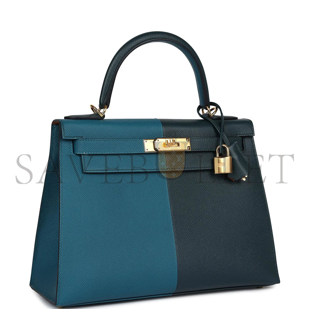 HERMÈS MASTER KELLY SELLIER 28 CASAQUE VERT CYPRES AND VERT BOSPHORE EPSOM GOLD HARDWARE (28*22*10cm)